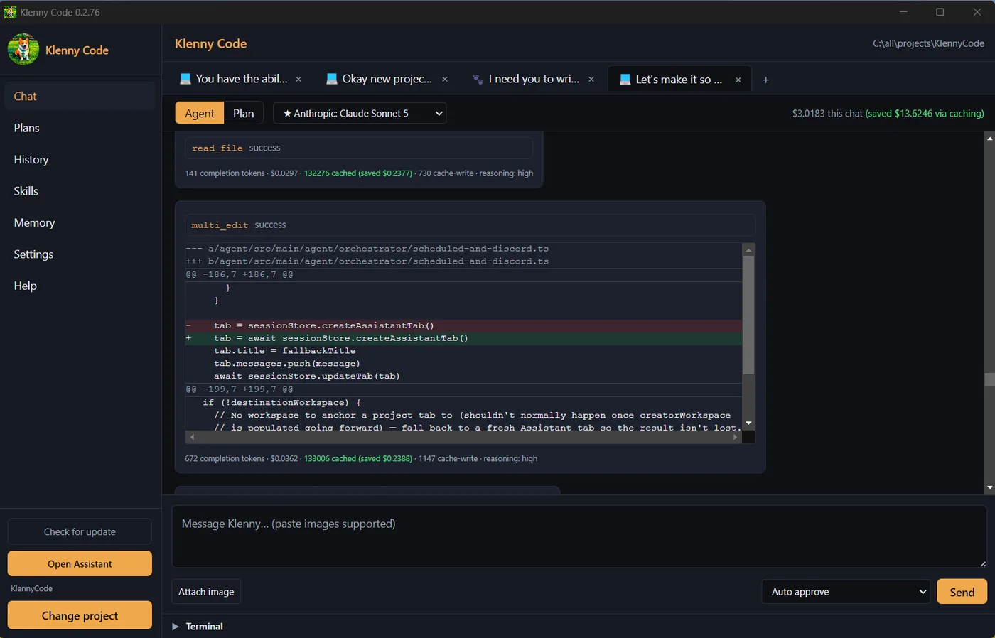 Klenny Code agent chat showing a multi_edit diff and per-call cache savings
