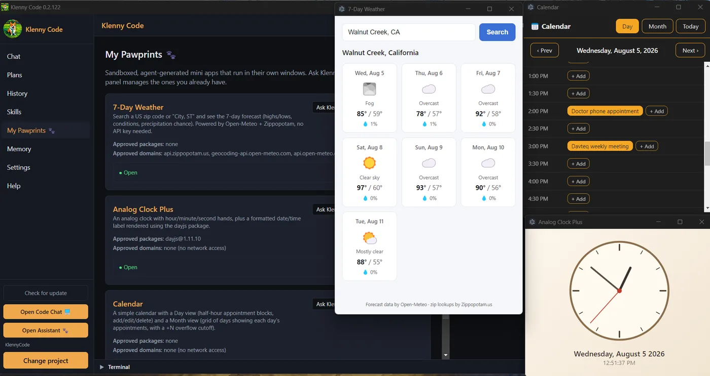 Klenny Code My Pawprints panel with three running widgets