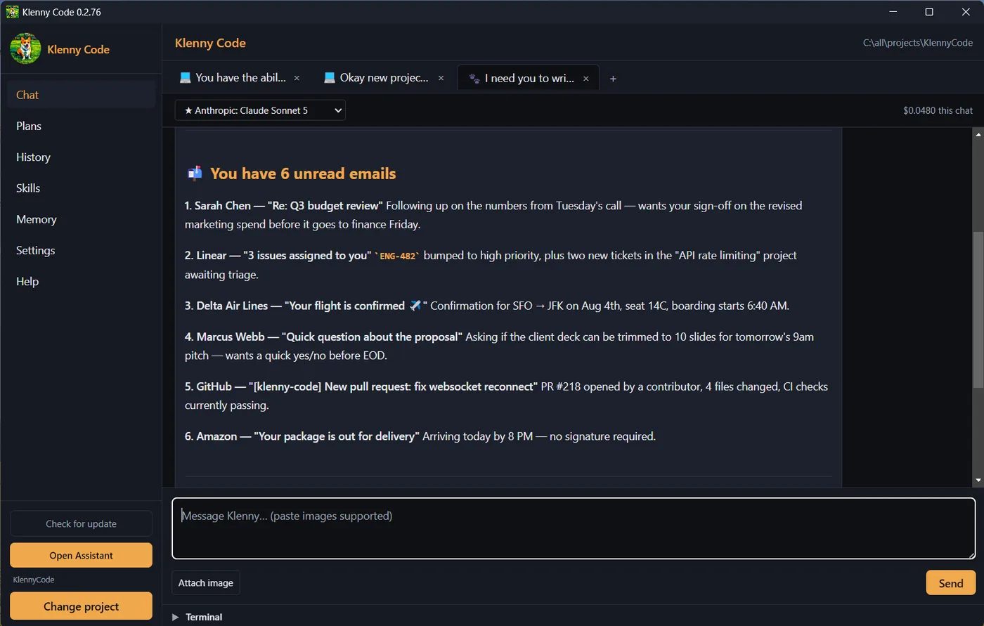Klenny Code Assistant tab summarizing six unread Gmail messages